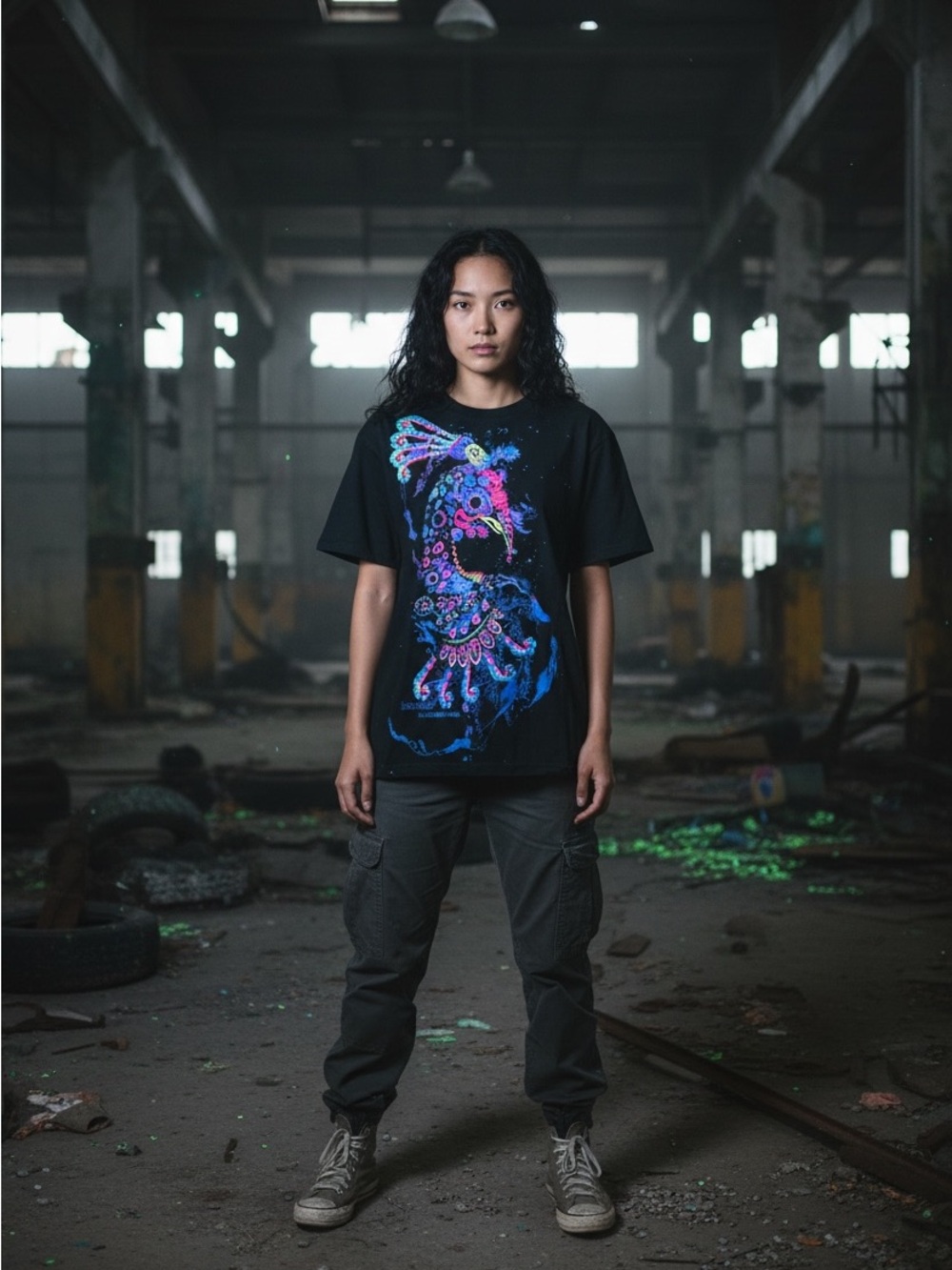 Black Graphic Tee with Neon Peacock Design